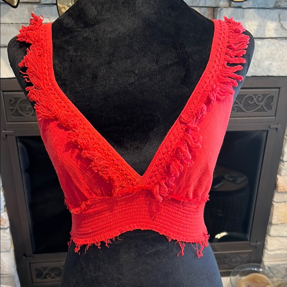 Free People Red Ruffled Crop Tank Top